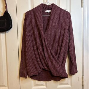 Soleillee Medium Burgundy Ribbed Knit Long Sleeve Wrap Front Top
